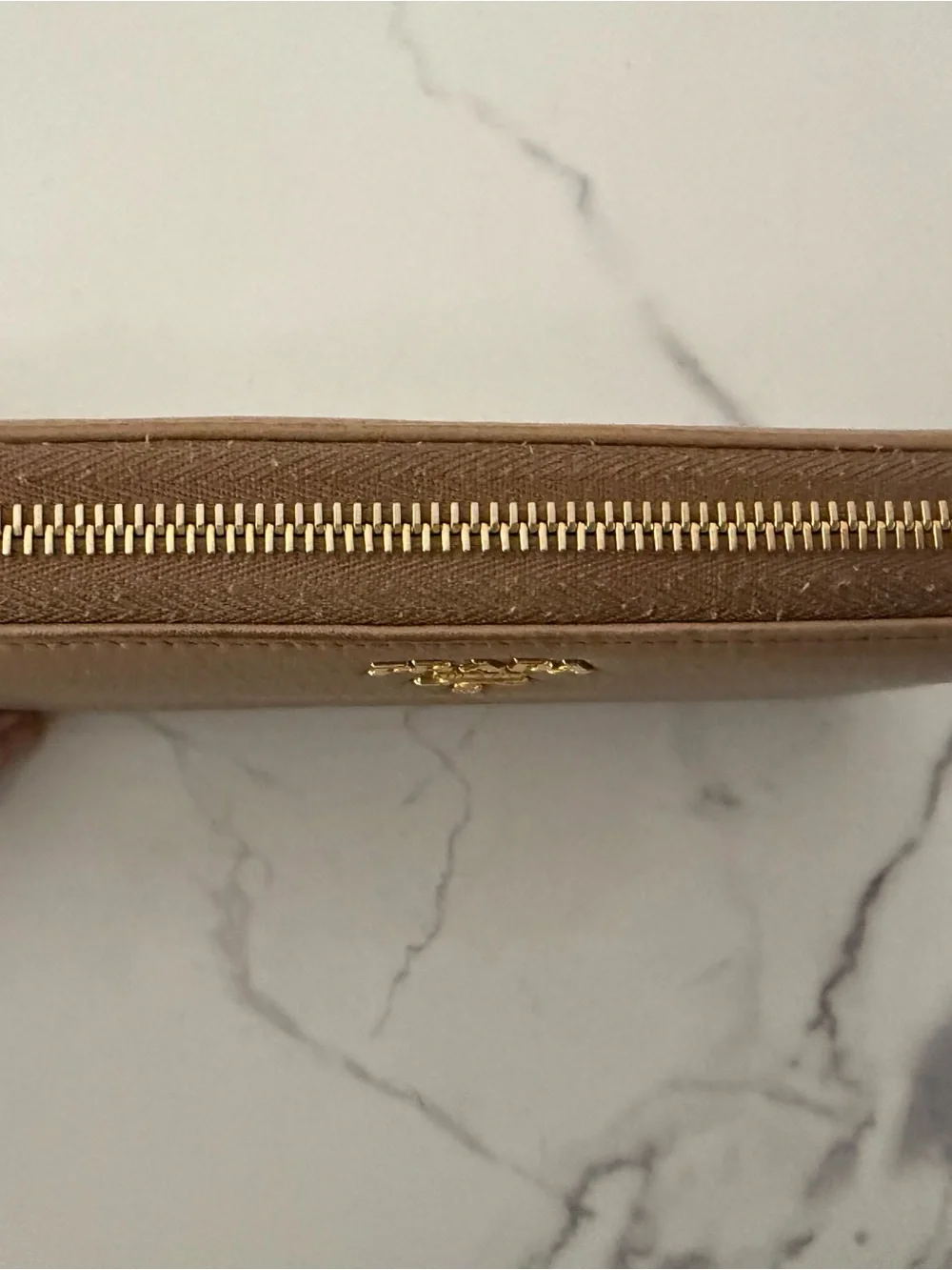 Prada Tan Leather Continental Wallet with Gold Logo Hardware